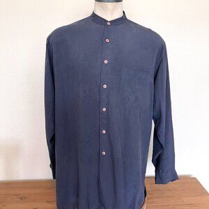 Vintage Nehru Silk Long Sleeve Shirt - Navy - Size XL - I.Magnin